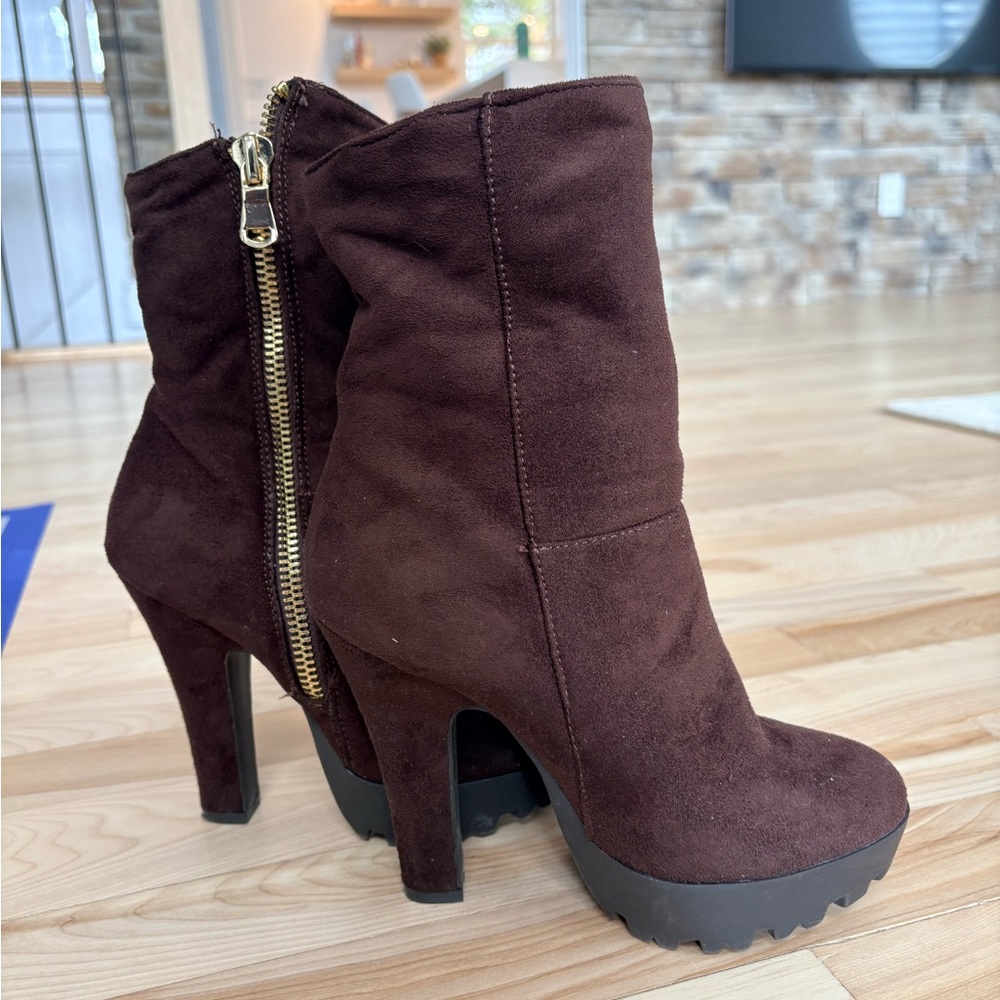 Wild Diva Dark Brown Suede High-Heel Ankle Booties with Side Zip